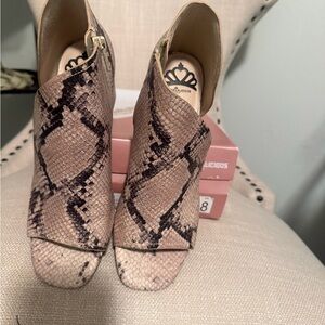 Fergalicious Taupe & Black Snake-Print Peep-Toe Ankle Booties